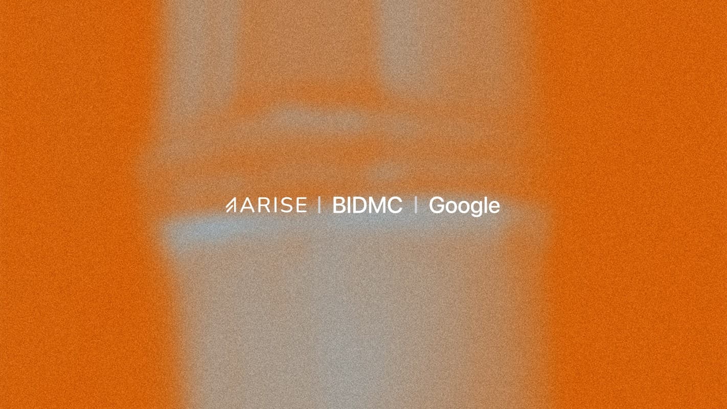ARISE, BIDMC and Google logos over a blurred orange and grey background